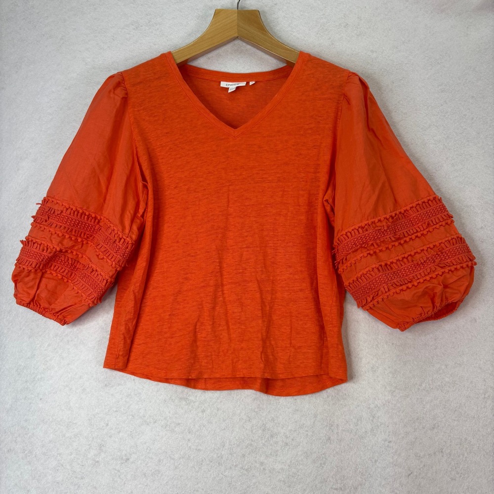 Chico's Orange Linen Blend Crochet Lace Puff Sleeve V-Neck Top Sz L Boho Coastal